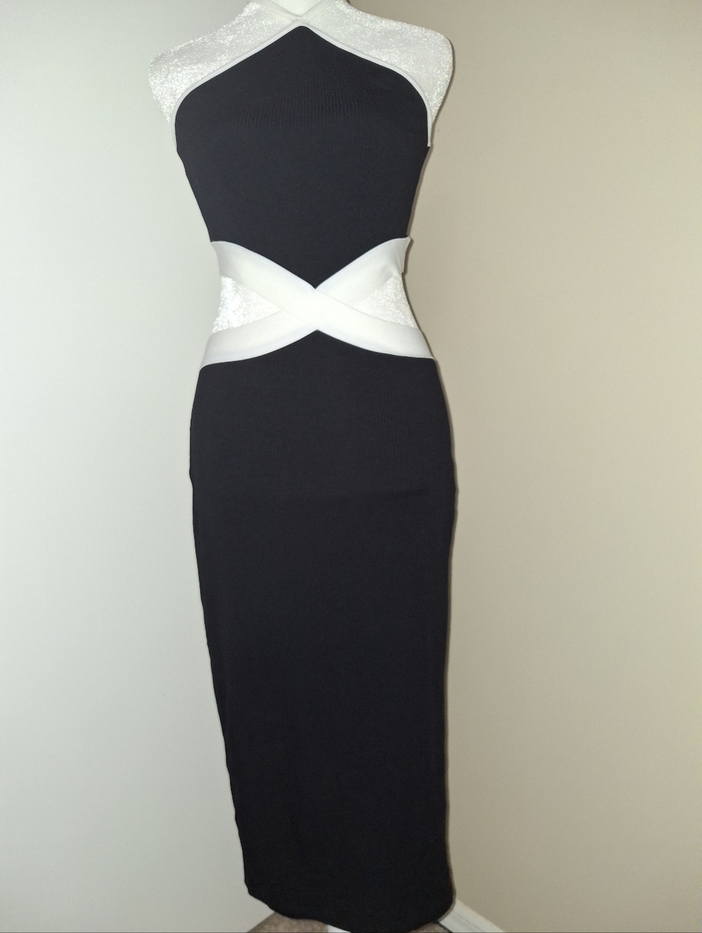 Sexy, Fitted, Black Dress w/White Cut Out Waist